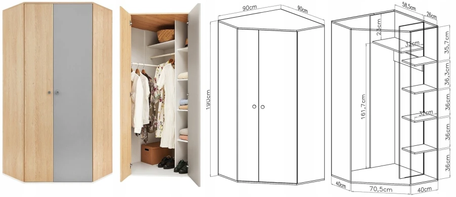 Technische Zeichnung Eckkleiderschrank 90x90x190 cm mit Maßen für die Inneneinteilung.