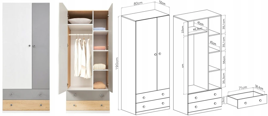 Zweitüriger Kleiderschrank in Weiß, Grau und Eiche mit Maßen 80x190x50 cm für das Kinderzimmer.