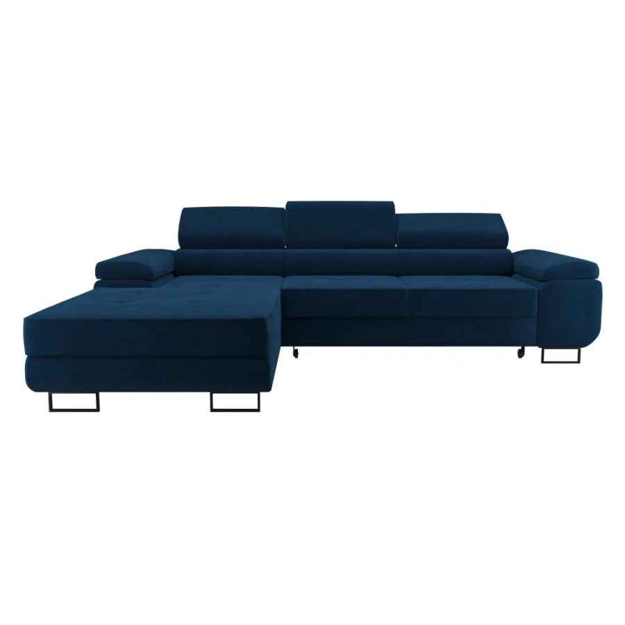 Dunkelblaues Ecksofa in L-Form mit schwarzen Metallfüßen vor weißem Hintergrund.
