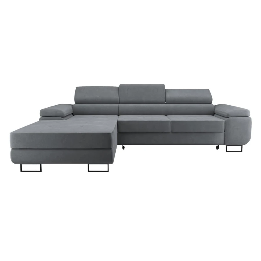 Modernes graues L-Form Sofa mit verstellbaren Kopfstützen.