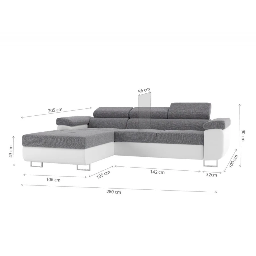 Technische Zeichnung mit Maßen für das Ecksofa: 280x205 cm.