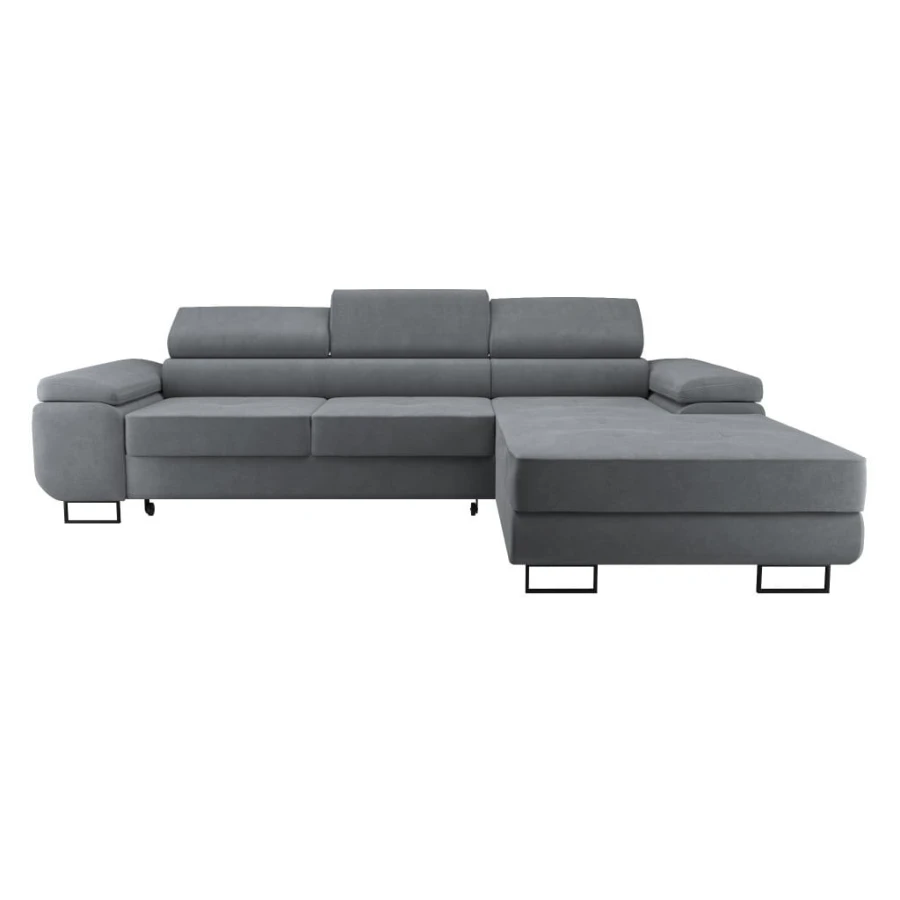Graues Ecksofa in L-Form mit verstellbaren Kopfstützen und modernem Design.