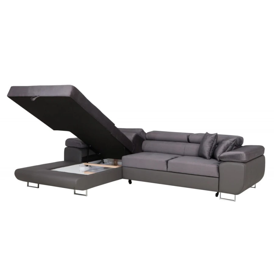 Dunkelgraues Ecksofa mit aufgeklapptem Bettkasten für zusätzlichen Stauraum.
