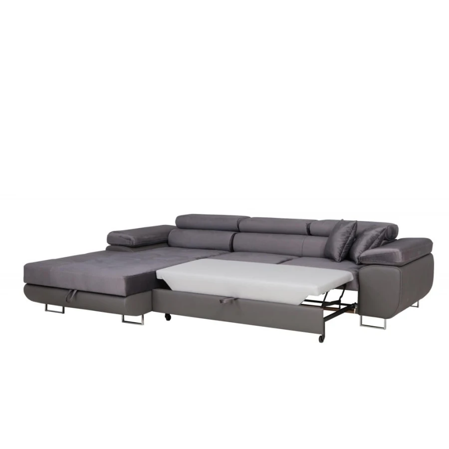 Ecksofa in Grau mit praktischer Ausziehfunktion für eine komfortable Liegefläche.