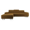 Modernes Ecksofa in Senfgelb mit verstellbaren Kopfstützen und stabilen Metallfüßen.