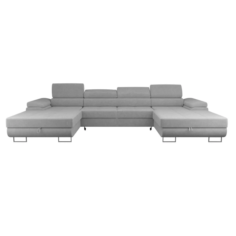 Großes U-Form Sofa in Hellgrau mit bequemer Polsterung und verstellbaren Kopfstützen.