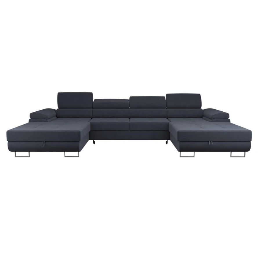 Dunkelgraue XXL-Wohnlandschaft in U-Form mit stilvollen Metallfüßen und Kopfteilfunktion.