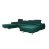 Dunkelgrünes U-Form Sofa mit verstellbaren Kopfstützen und Metallfüßen, Perspektive.