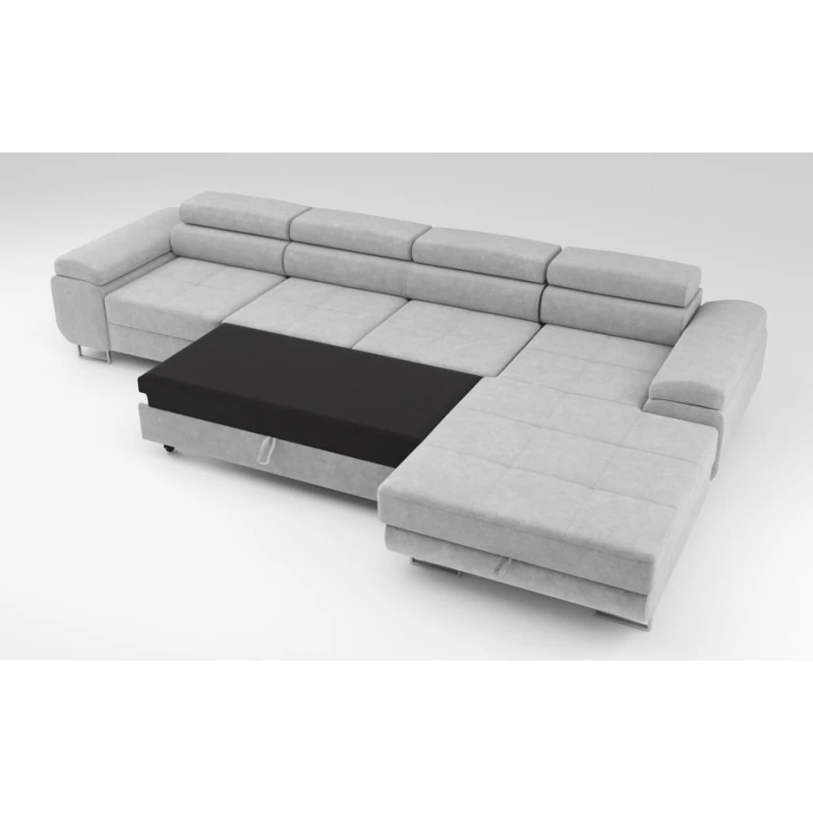 Graues Ecksofa mit ausziehbarer Schlaffunktion und Bettkasten-Ansicht.