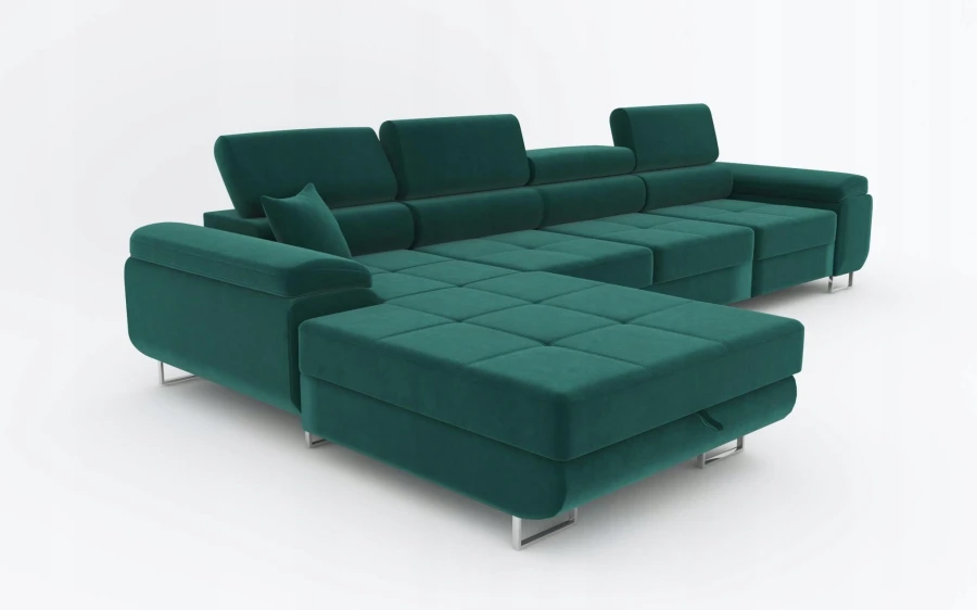 Großes grünes Samt-Ecksofa mit modernen Metallfüßen und Kopfstützen.
