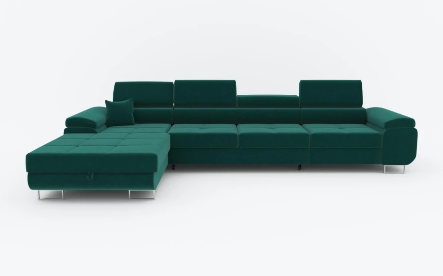 Grünes Ecksofa mit verstellbaren Kopfstützen und modernen Metallfüßen.