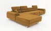 Senfgelbes L-Sofa mit Steppmuster und Schlaffunktion, Perspektivansicht.