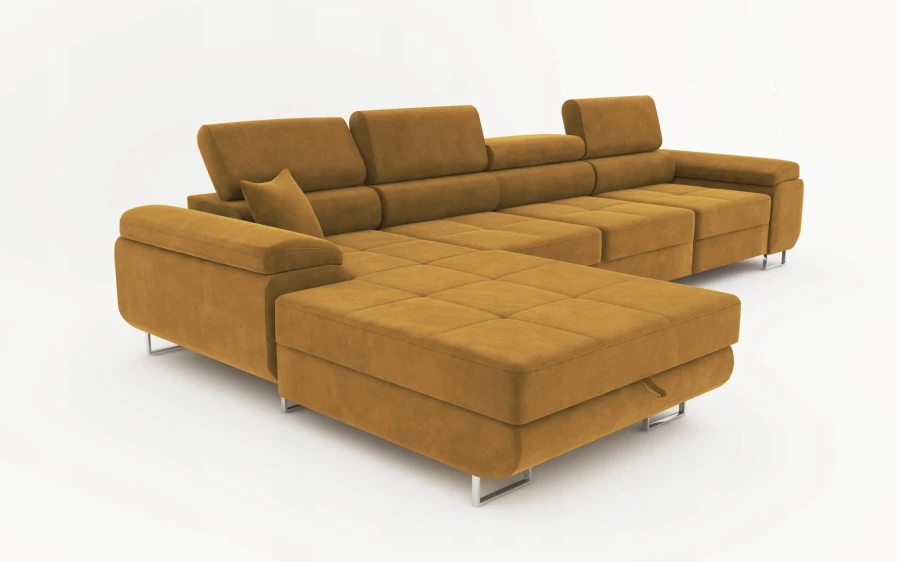 Senfgelbes L-Sofa mit Steppmuster und Schlaffunktion, Perspektivansicht.