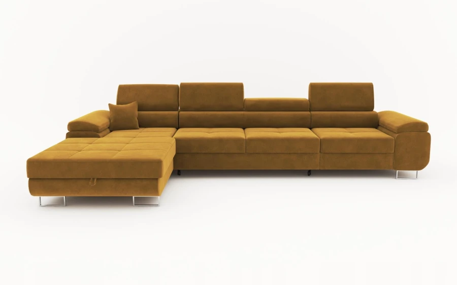Großes gelbes Ecksofa mit Bettfunktion und verstellbaren Nackenstützen.