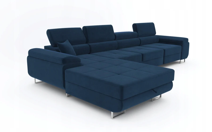 Dunkelblaues Ecksofa aus Samt mit Relaxfunktion, Seitenansicht.