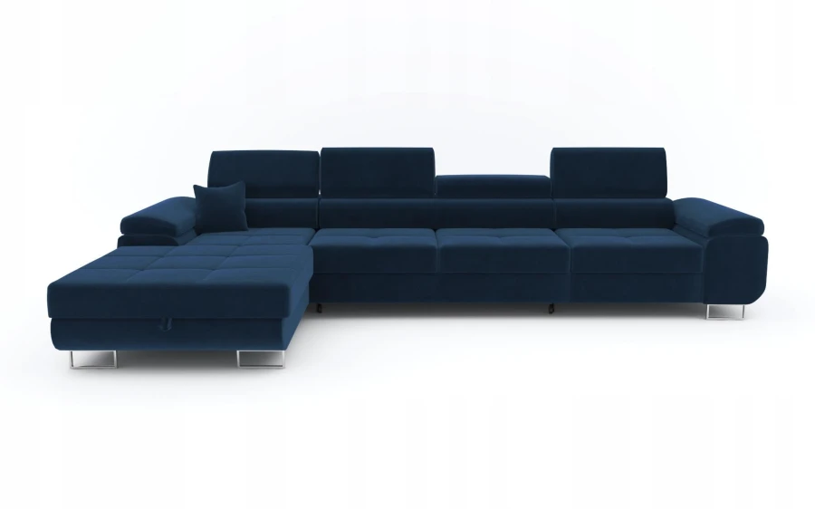 Modernes blaues Ecksofa mit verstellbaren Kopfstützen, Frontalansicht.