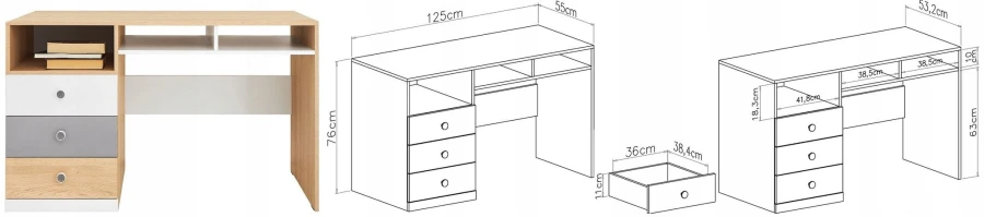 Technische Zeichnung mit Maßen für einen Schreibtisch in Holzoptik: Breite 125 cm, Höhe 76 cm.
