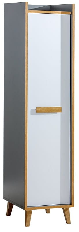 Schmaler Hochschrank in Grau und Weiß mit Holzbeinen und Griff für platzsparende Aufbewahrung.
