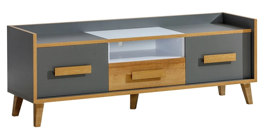 Modernes TV-Lowboard in Grau und Eiche-Optik mit Schubladen im skandinavischen Stil.