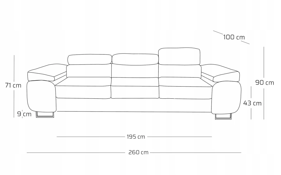 Technische Skizze mit Maßangaben für ein 260 cm breites 3-Sitzer Sofa.