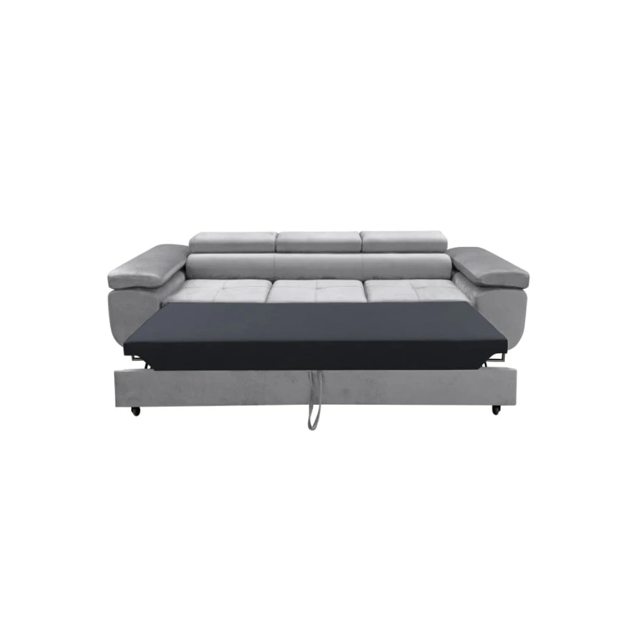 Hellgraues Schlafsofa mit Ausziehfunktion in Bettposition auf weißem Hintergrund.