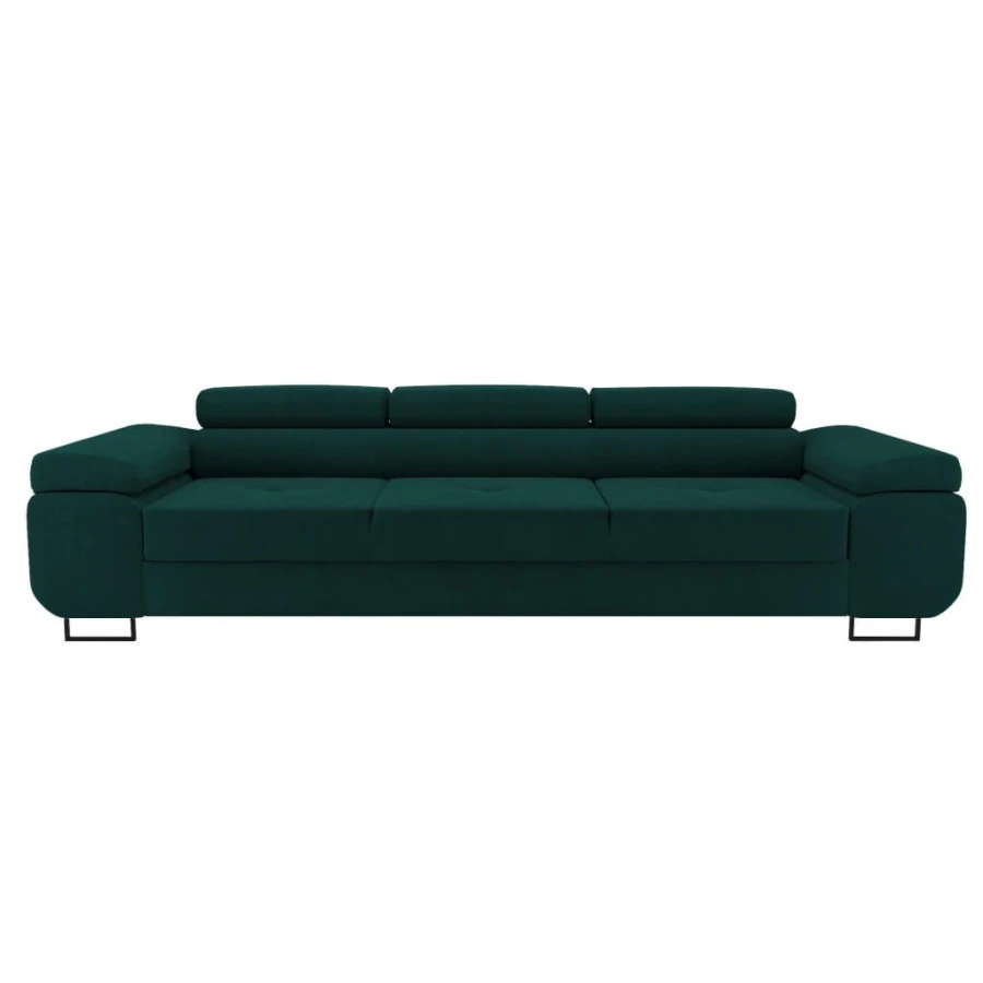 Dunkelgrünes 3-Sitzer Sofa mit verstellbaren Kopfstützen, Frontansicht.