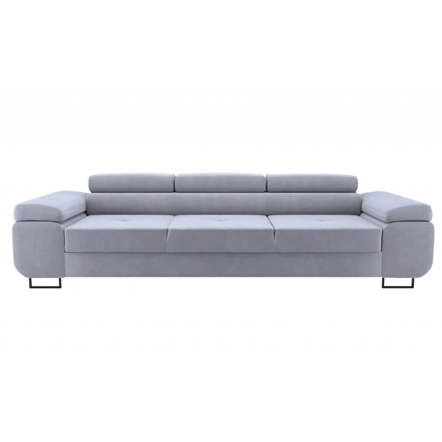 Hellgraues 3-Sitzer Polstersofa mit schwarzen Füßen, minimalistischer Stil.