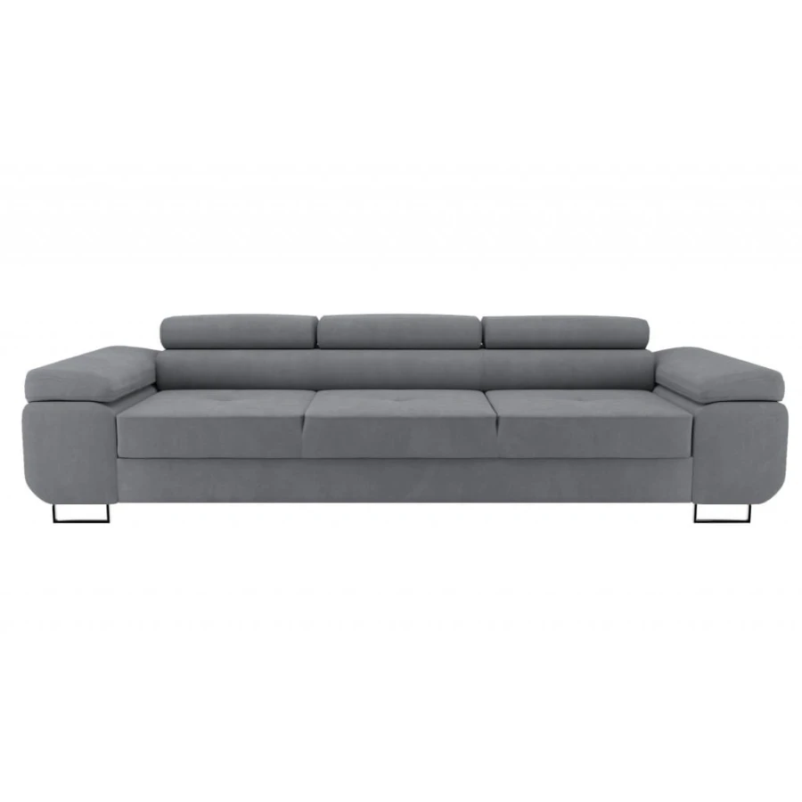 Modernes 3-Sitzer Sofa in Hellgrau mit verstellbaren Kopfstützen vor weißem Hintergrund.