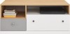 Modernes TV-Board in Eiche-Optik mit weißen und grauen Schubladen