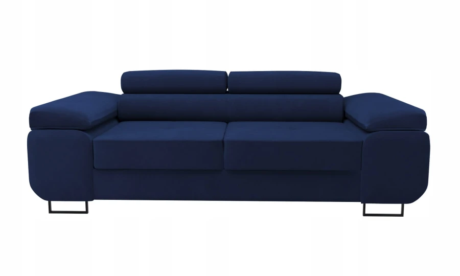 Modernes dunkelblaues Polstersofa mit verstellbaren Kopfstützen vor weißem Hintergrund.