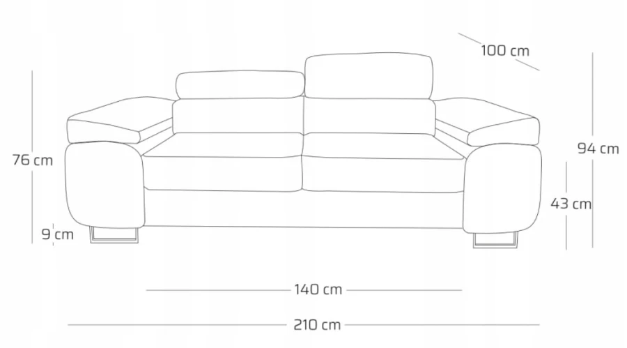 Maßskizze eines Sofas mit Abmessungen: Breite 210 cm, Tiefe 100 cm, Höhe 94 cm.