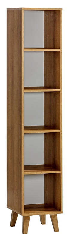 Schmales Standregal aus Holz mit sechs offenen Fächern und Füßen für Wohnzimmer oder Büro.