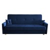 Blaues Samt-Schlafsofa mit zwei Kissen und hellen Holzfüßen