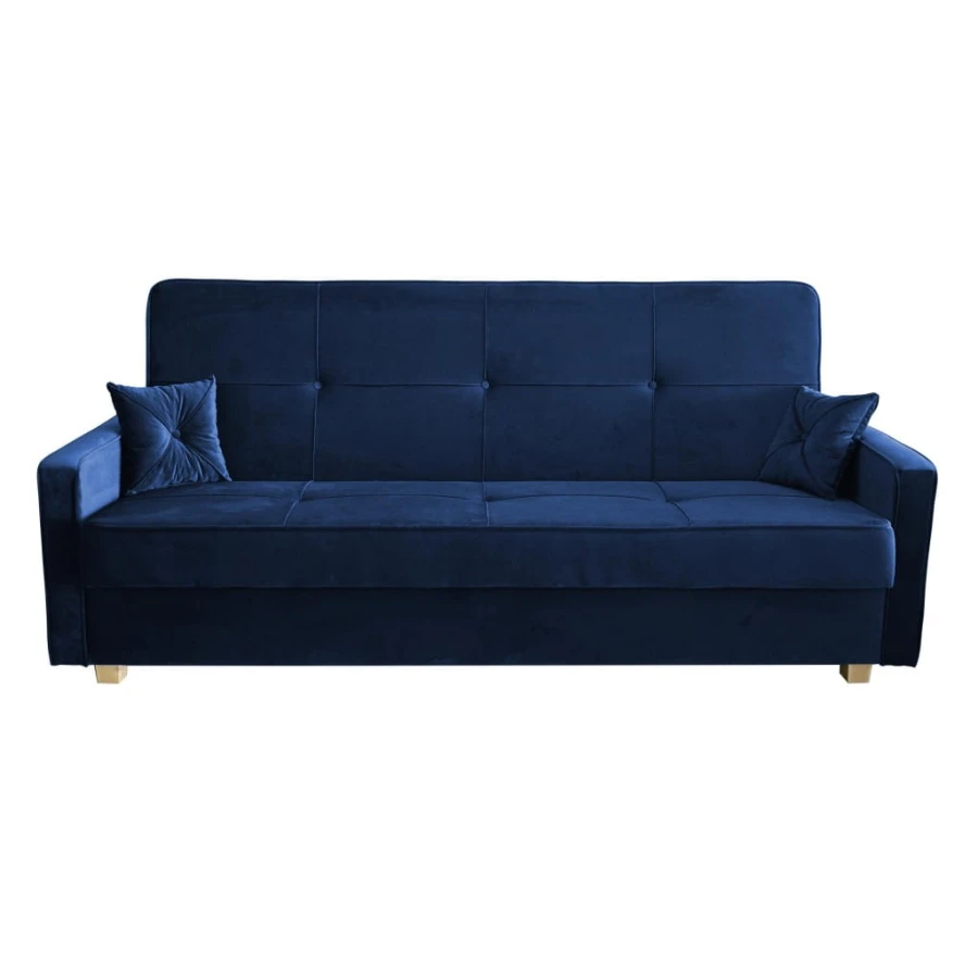 Blaues Samt-Schlafsofa mit zwei Kissen und hellen Holzfüßen