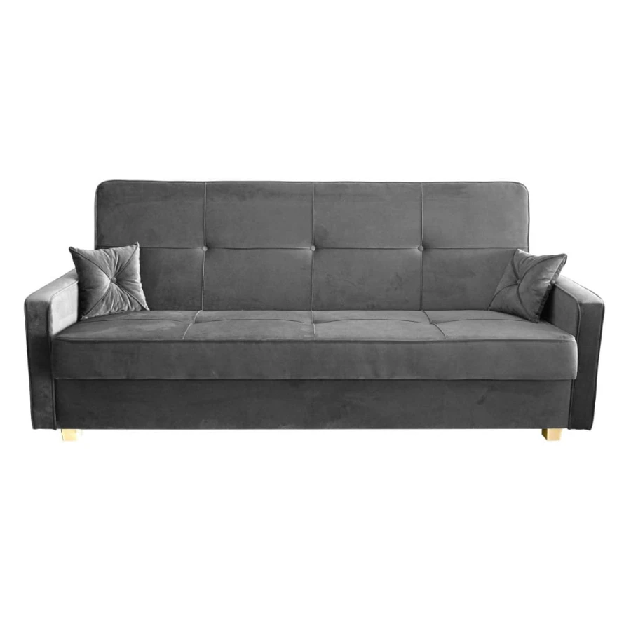 Graues Samt-Schlafsofa mit zwei passenden Kissen und Holzfüßen