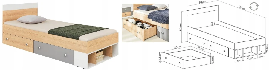 Funktionsbett mit Stauraum und technischer Zeichnung inklusive Maßen in Zentimetern.