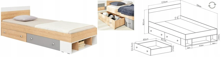 Funktionsbett Maße 204x124 cm mit technischer Zeichnung und Stauraum-Beispielen.