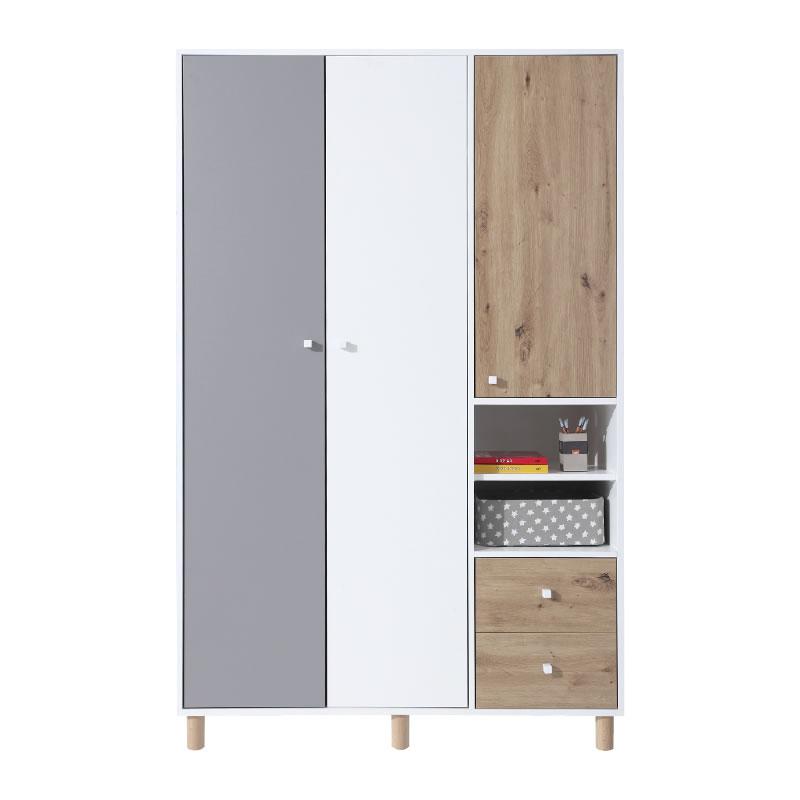 Dreitüriger Kleiderschrank für Kinder in Grau, Weiß und Eiche mit Regalfächern.