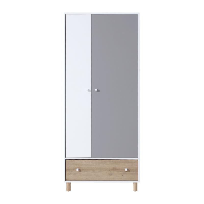 Zweitüriger Kinderkleiderschrank in Weiß und Grau mit praktischer Eichenschublade.