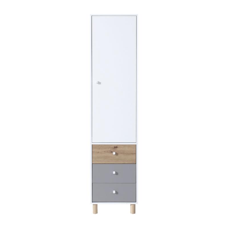 Schmaler Hochschrank mit einer weißen Tür und drei Schubladen in Holzoptik und Grau.
