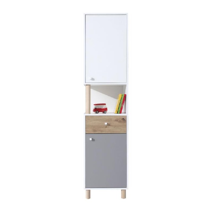 Schmaler Hochschrank in Weiß, Grau und Eichenoptik, ideal für Stauraum im Kinderzimmer.