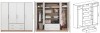 Weißer Kleiderschrank mit Holz-Details, Innenansicht und Maßangaben.