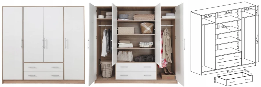 Weißer Kleiderschrank mit Holz-Details, Innenansicht und Maßangaben.