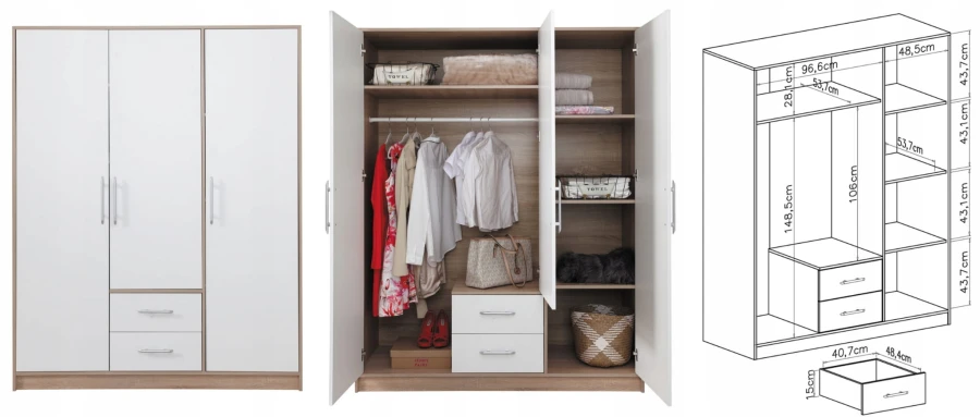 Kleiderschrank-Details: Ansicht geschlossen, offen mit Innenleben und Maße.
