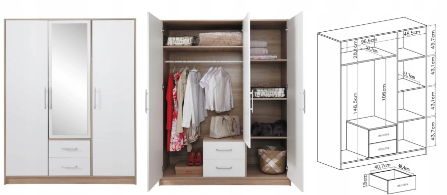 Kleiderschrank mit Spiegel: Maße, Innenausstattung und Design in Weiß-Eiche.