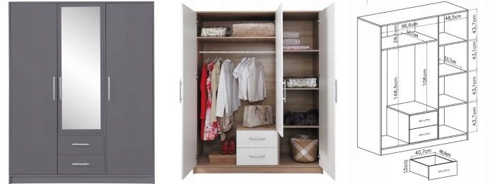 Grauer 3-türiger Kleiderschrank mit Spiegel, Innenansicht und detaillierten Maßen.