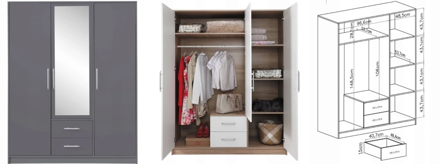 3-türiger Kleiderschrank in Grau mit Maßen und praktischer Inneneinteilung.