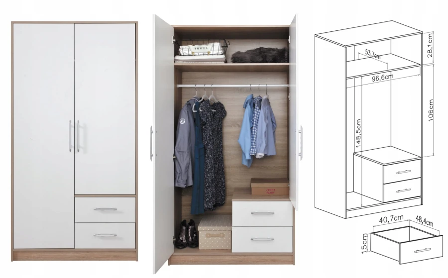 Kleiderschrank in Weiß und Eiche-Optik: Ansicht geschlossen, offen und technische Zeichnung mit Maßen.