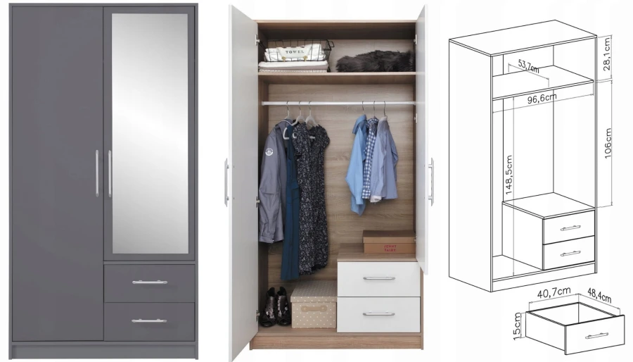 Grauer Kleiderschrank mit Spiegel, Innenansicht und technischer Zeichnung.