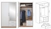 2-türiger Kleiderschrank mit Spiegel, Innenaufteilung und technischen Maßen.